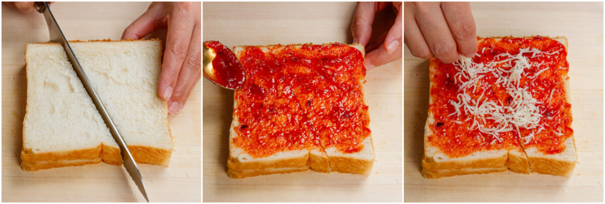 A three-step sequence shows: slicing white bread, spreading red jam on it, and sprinkling shredded cheese on top with hands, all on a light wooden surface.